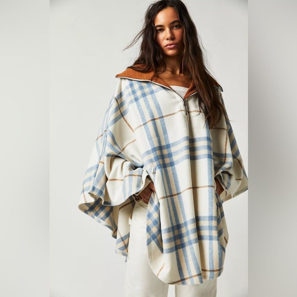 New Free People Woodstock Brushed Plaid Poncho One Size